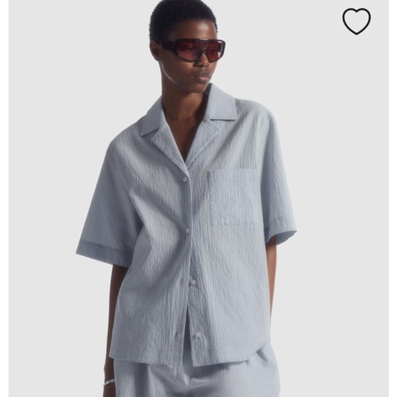 COS Tops - COS camp collar textured button up shirt short sleeve Light Blue Textured relax